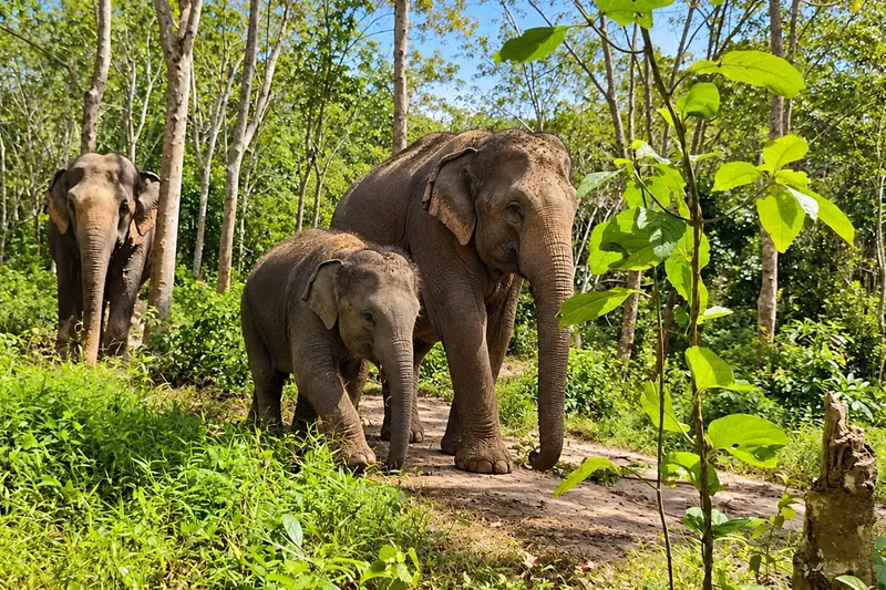 Два азиатских слона среди тропических деревьев в Phuket Elephant Sanctuary на Пхукете